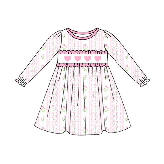 pink flowers valentine heart print long sleeve girl dress