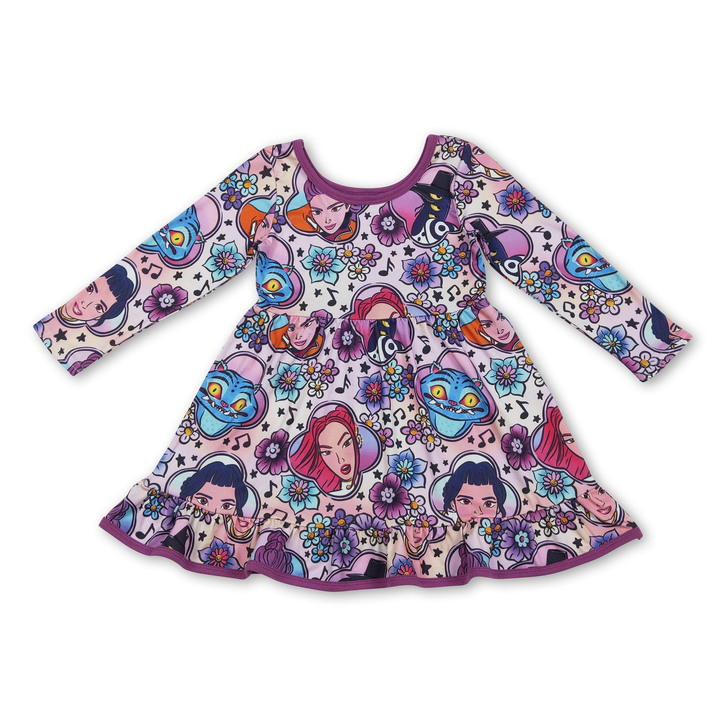 Purple long sleeves tiger floral music girl dress
