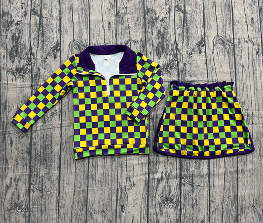 purple yellow green plaid pullover skirt kids girls Mardi Gras set