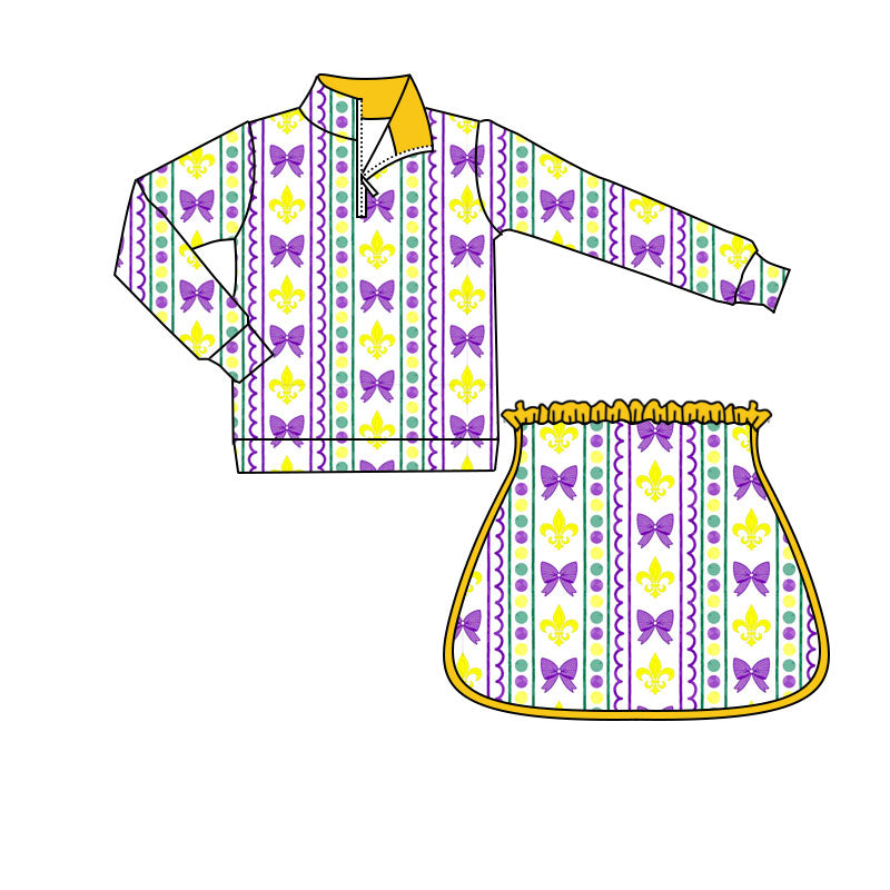 purple bows yellow green pattern pullover skirt kids girls Mardi Gras set