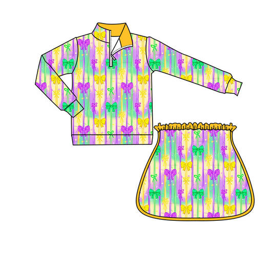 purple yellow green bows stripe pullover skirt kids girls Mardi Gras set