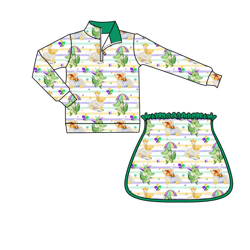 Mardi Gras crocodile pullover skirt kids girls  set