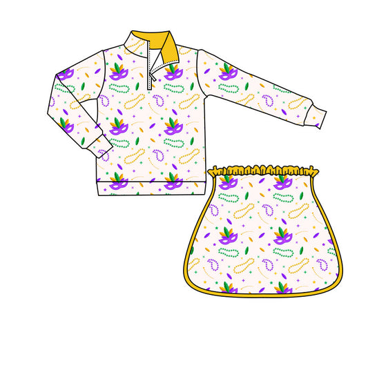 Mardi Gras mask necklace pullover skirt kids girls navy set