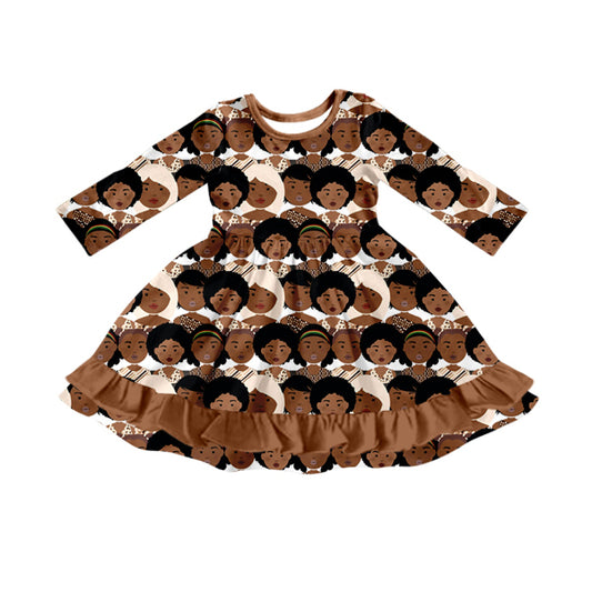 brown cartoon long sleeve girl dress