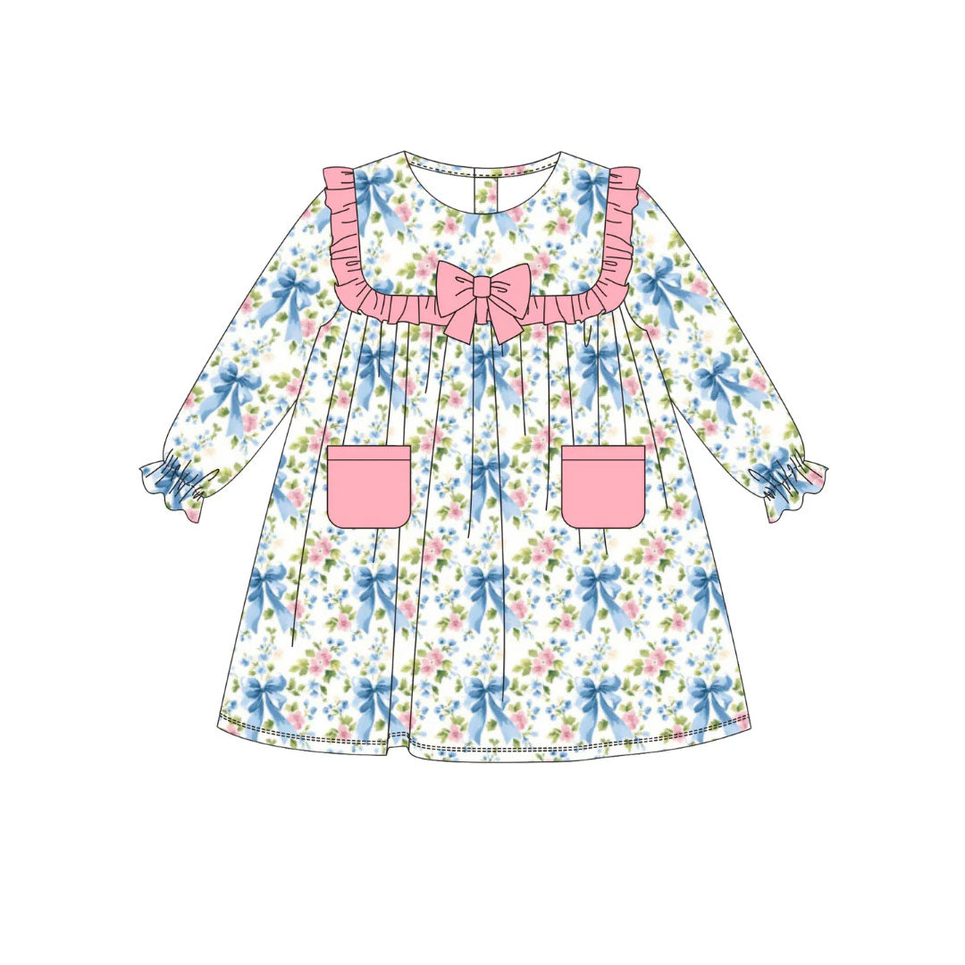 blue bows flowers long sleeve girl dress