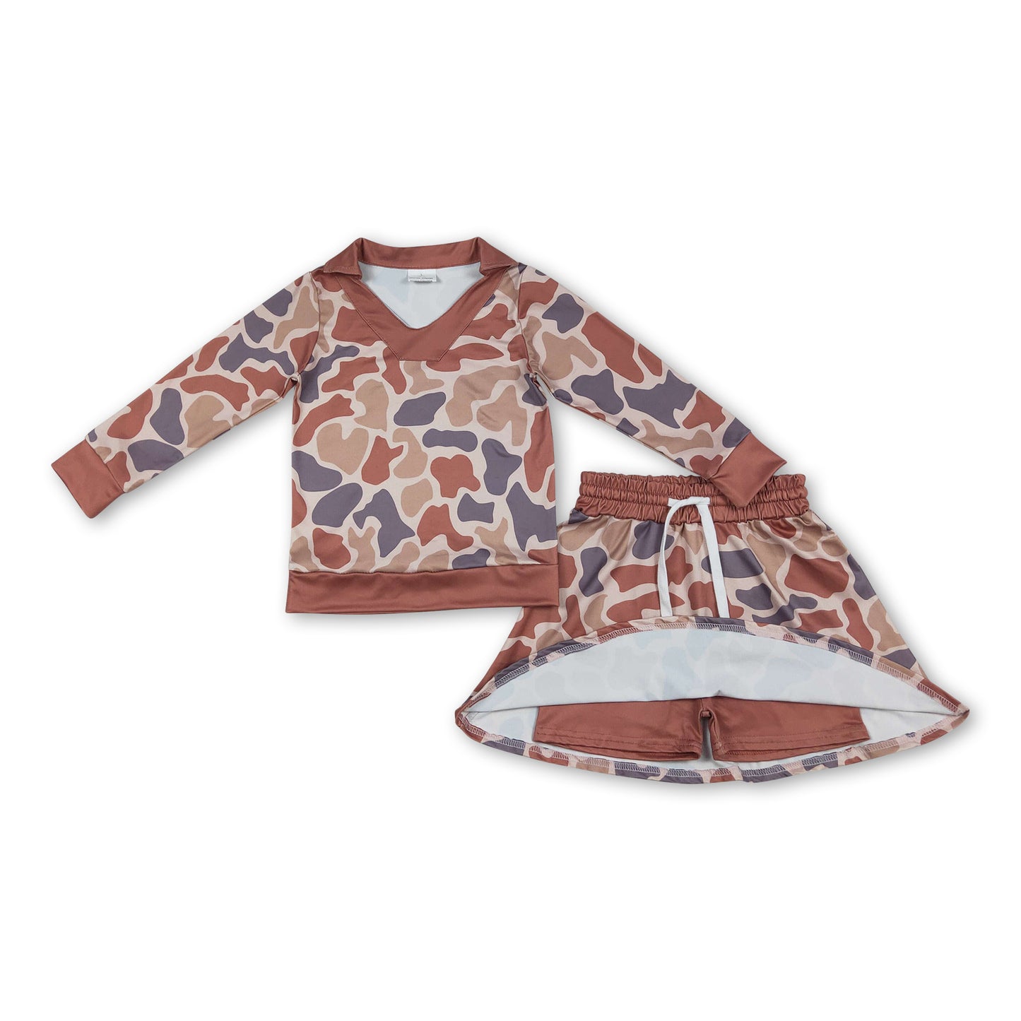 Long sleeves camo top skirt girls clothing set