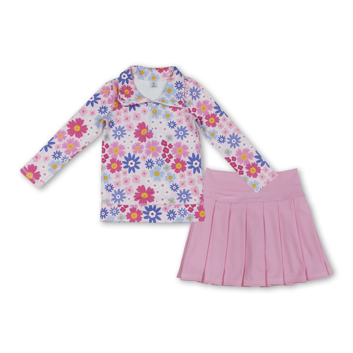 Floral pullover pink pleated skirt girls yoga activewear set
