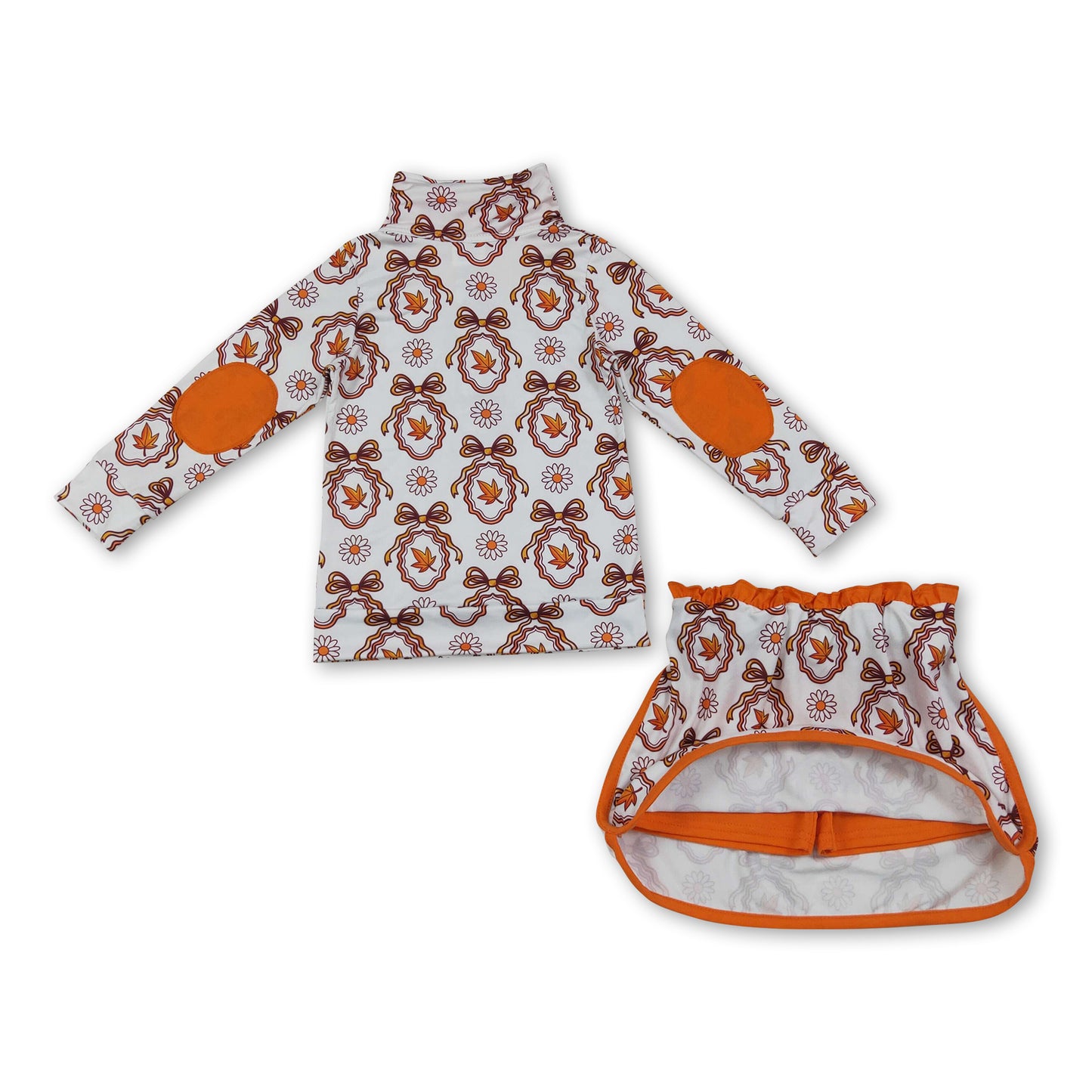 Long sleeves floral leaves bow pullover skirt girls outfits