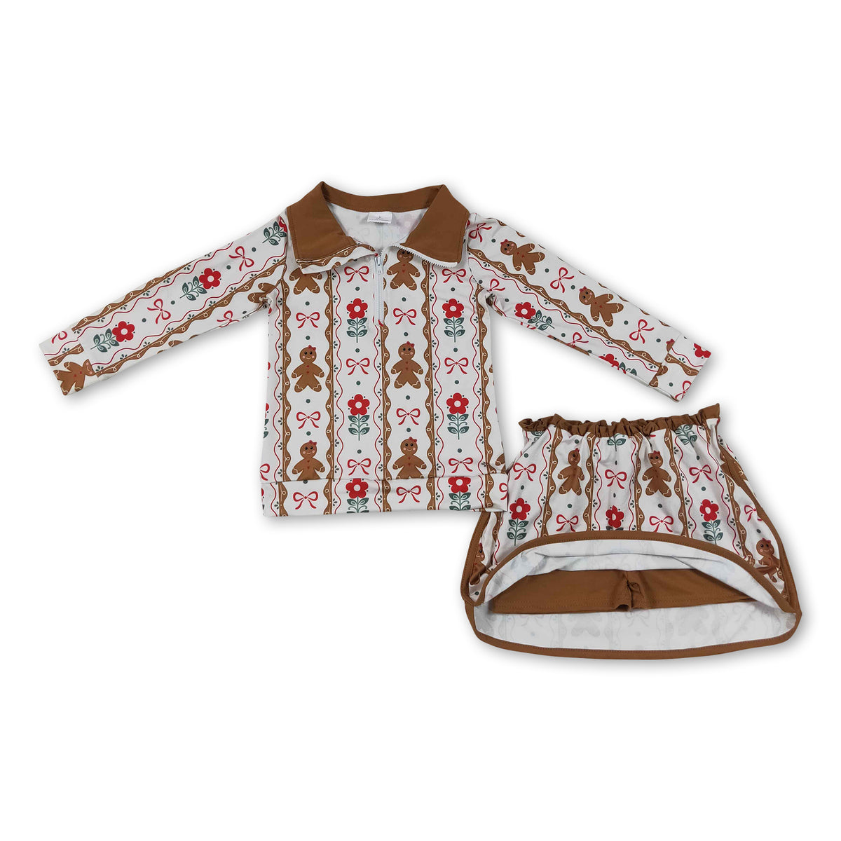 Gingerbread bow floral pullover skirt girls Christmas outfit