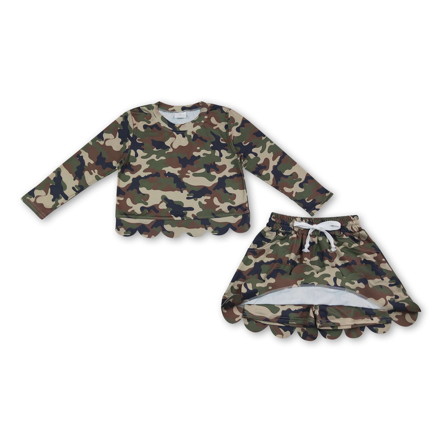 Long sleeves green camo scallop top skirt kids girls outfits