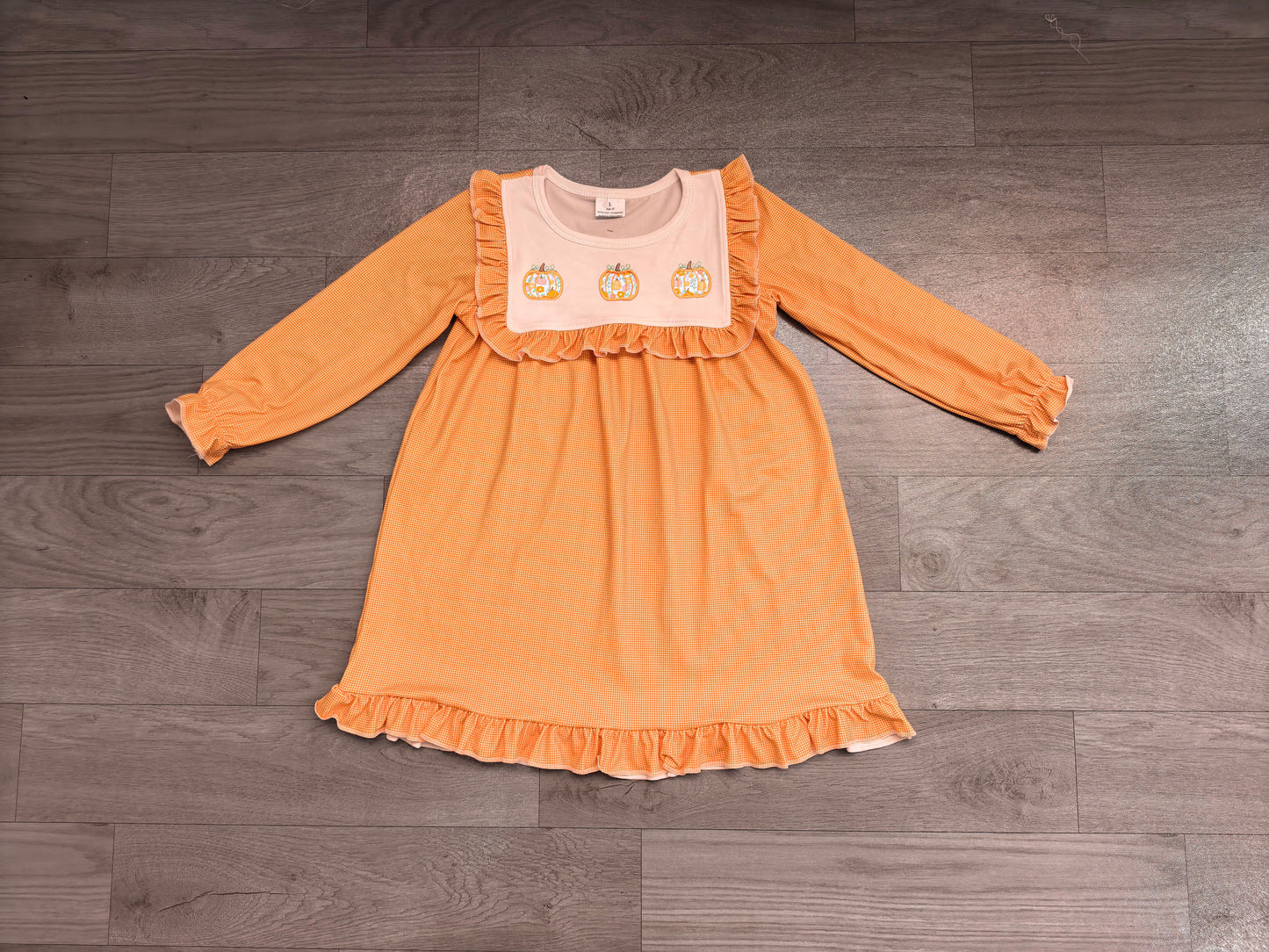 Long sleeves pumpkin embroidery ruffle girls fall dress