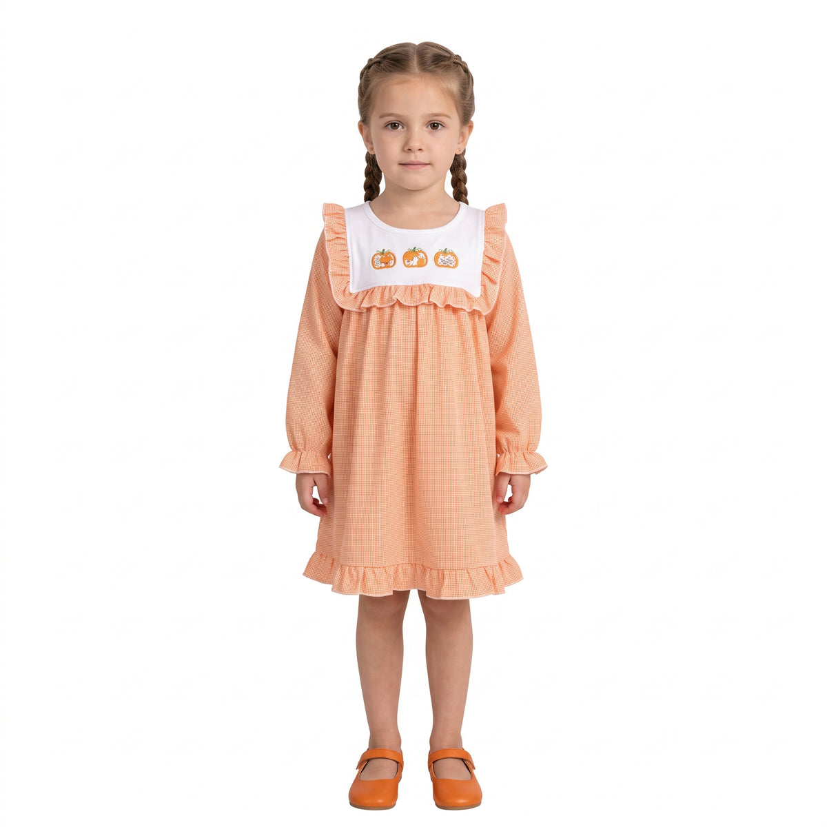 Long sleeves pumpkin embroidery ruffle girls fall dress
