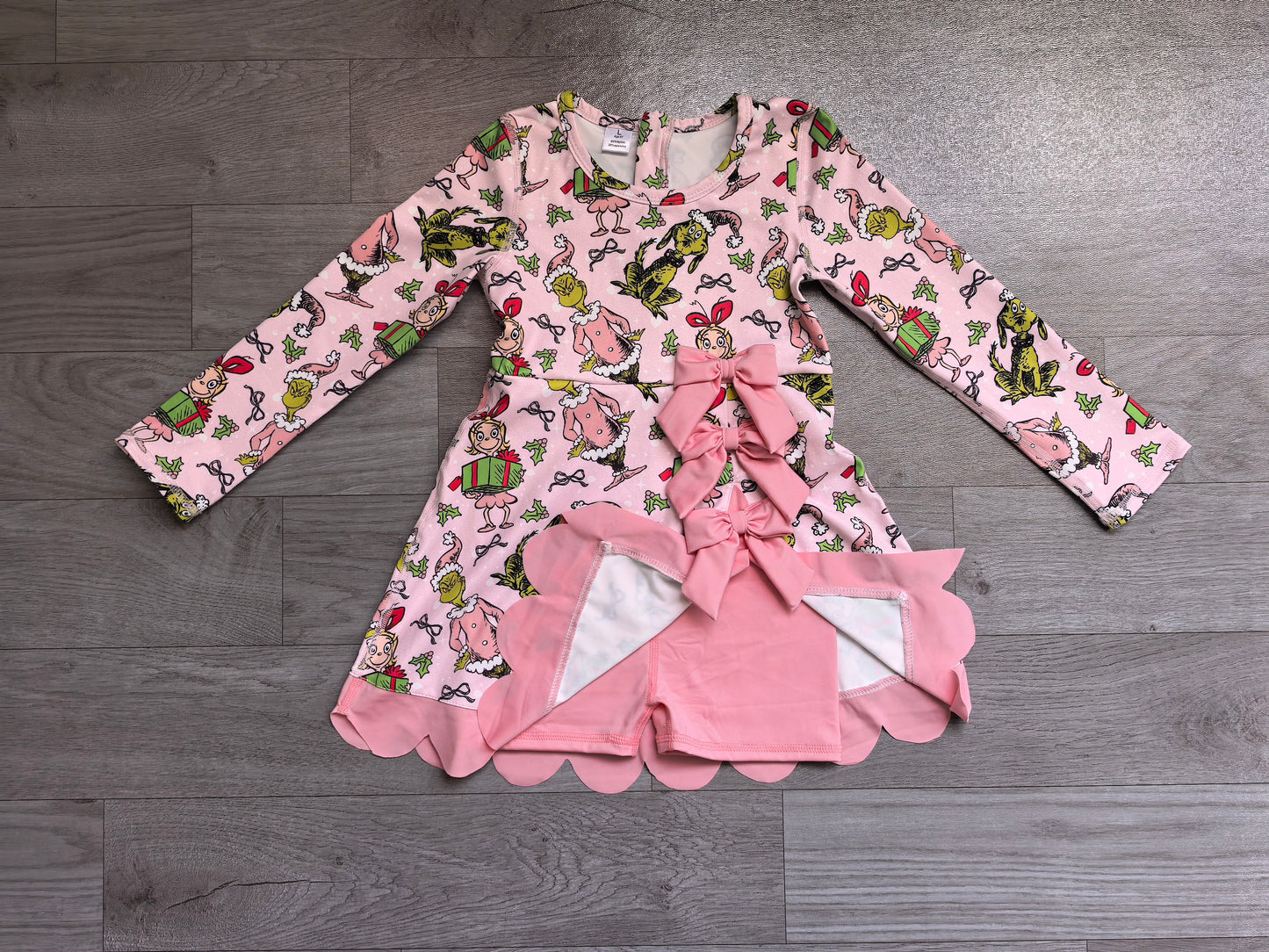 Long sleeves bow gift pink scallop girls Christmas athletic dress