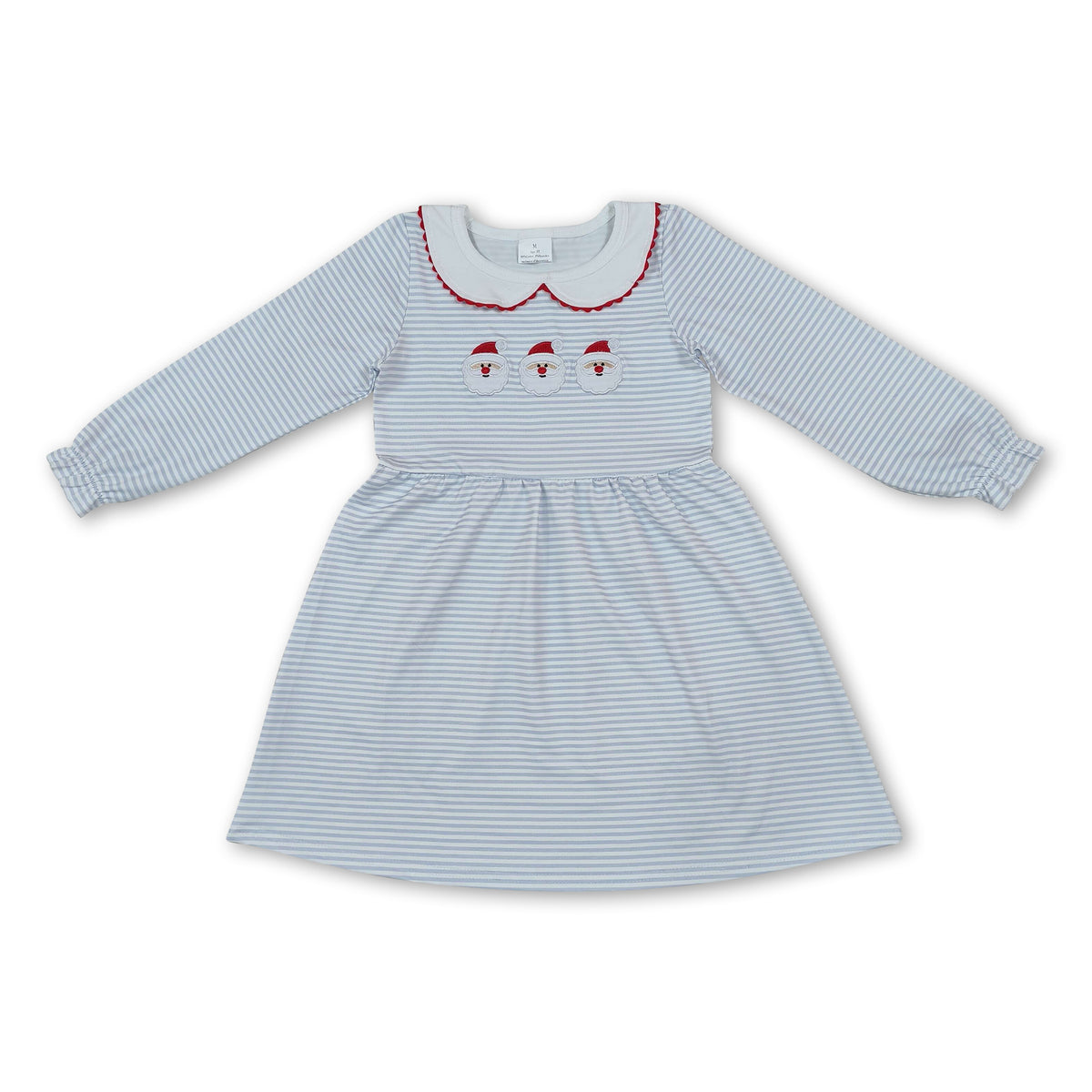 Long sleeves stripe santa embroidery girls Christmas dress