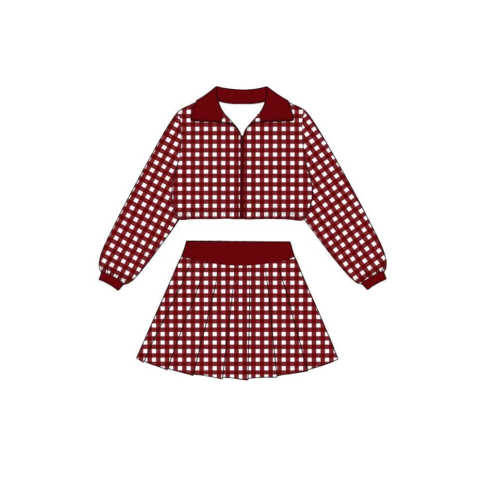 Maroon plaid jacket pleated skirt girls active wear set