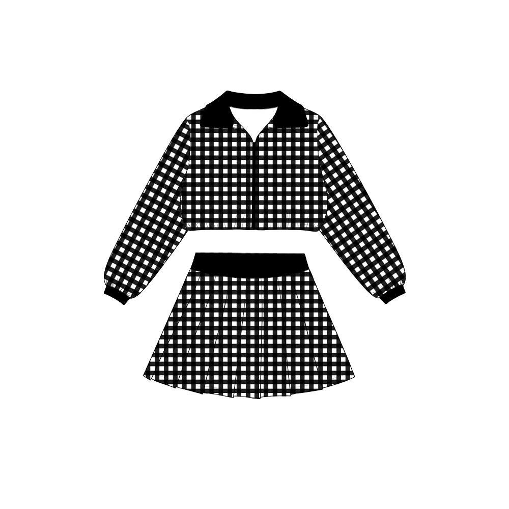 Black plaid jacket pleated skirt girls active wear set