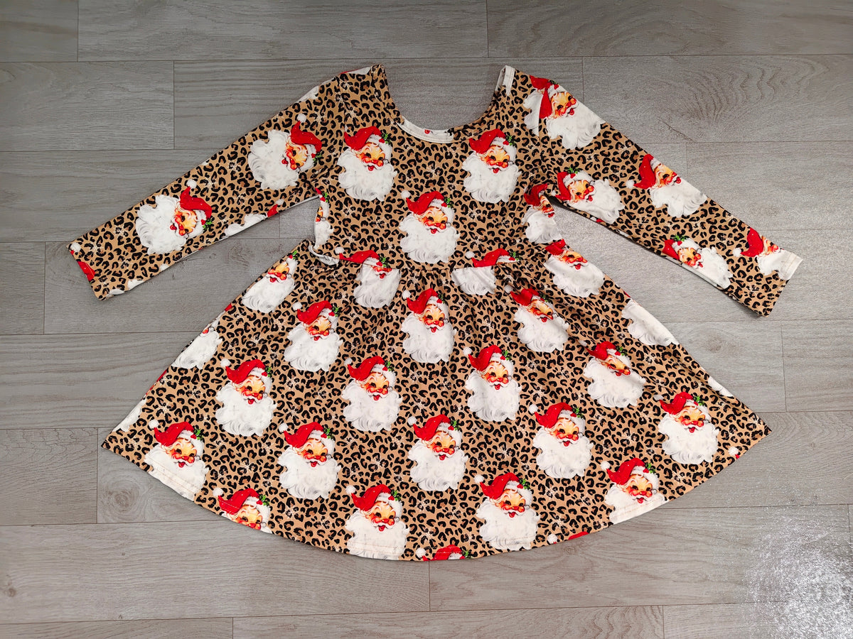 Long sleeves leopard santa kids girls Christmas dress