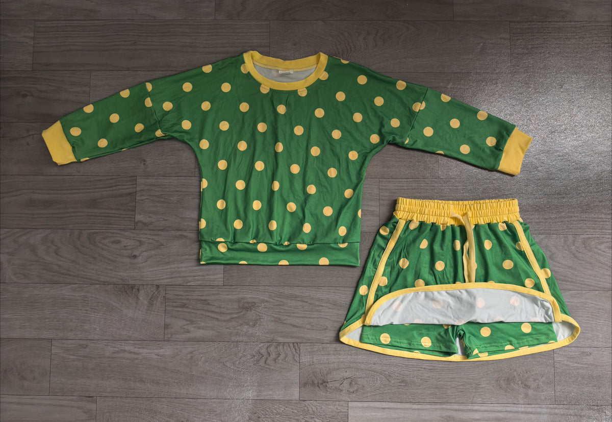 Long sleeves green yellow polka dots top skirt girls outfits