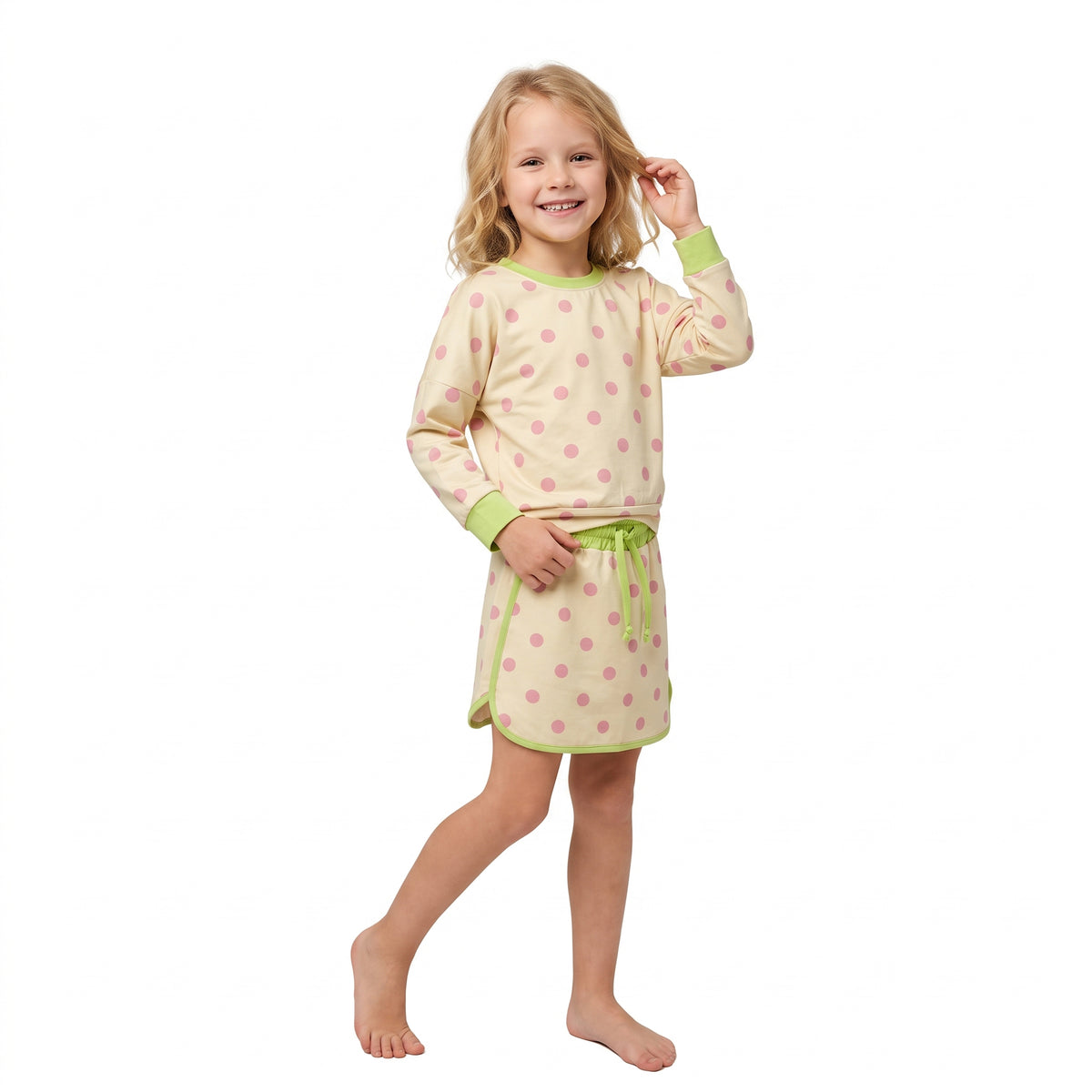 Long sleeves yellow polka dots top skirt girls outfits