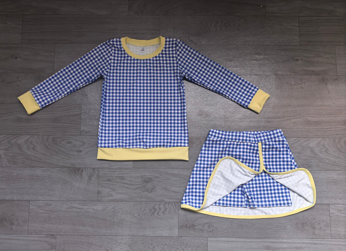 Long sleeves blue plaid top skirt girls active wear set