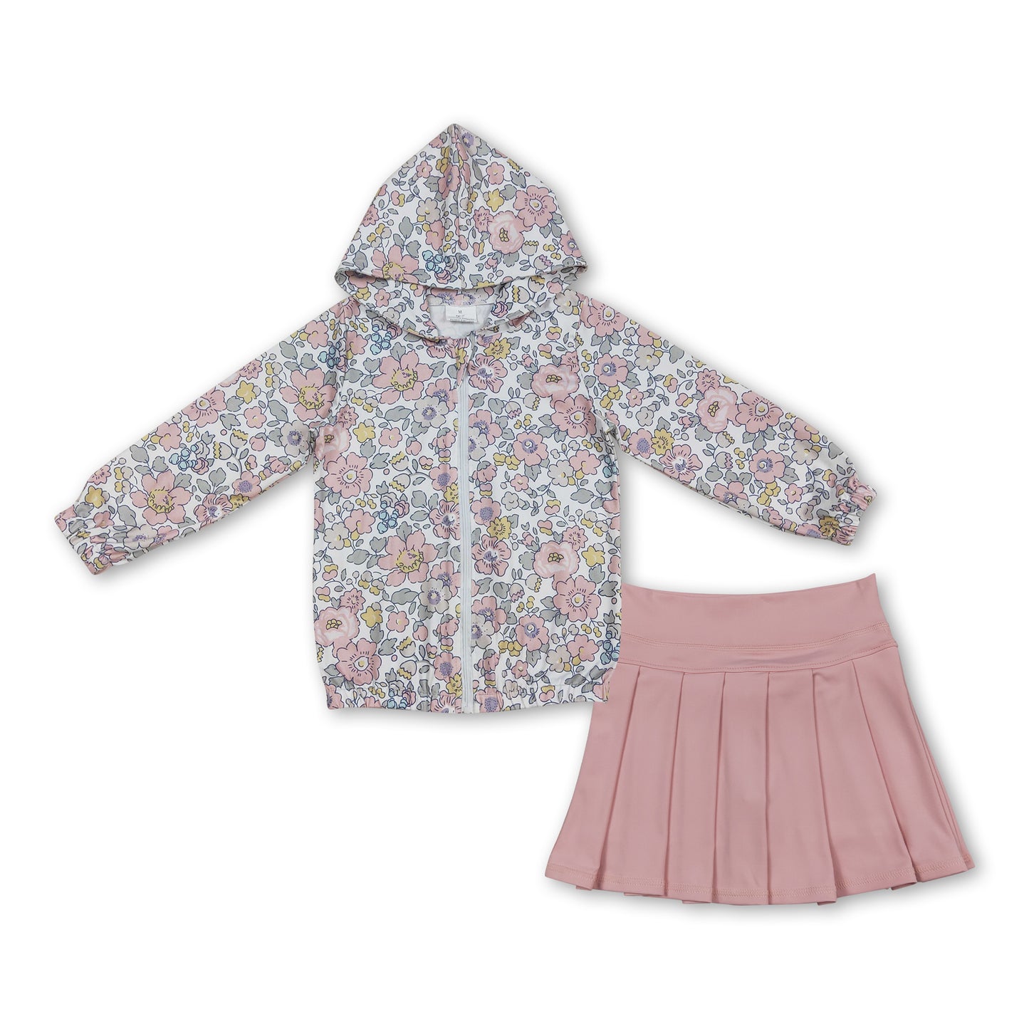 Floral zipper hooded jacket pink pleated skirt girls outfits