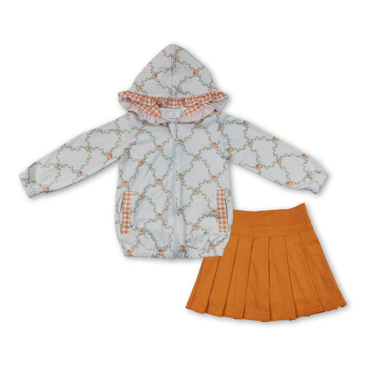 Pumpkin zipper hooded jacket pleated skirt girls outfits