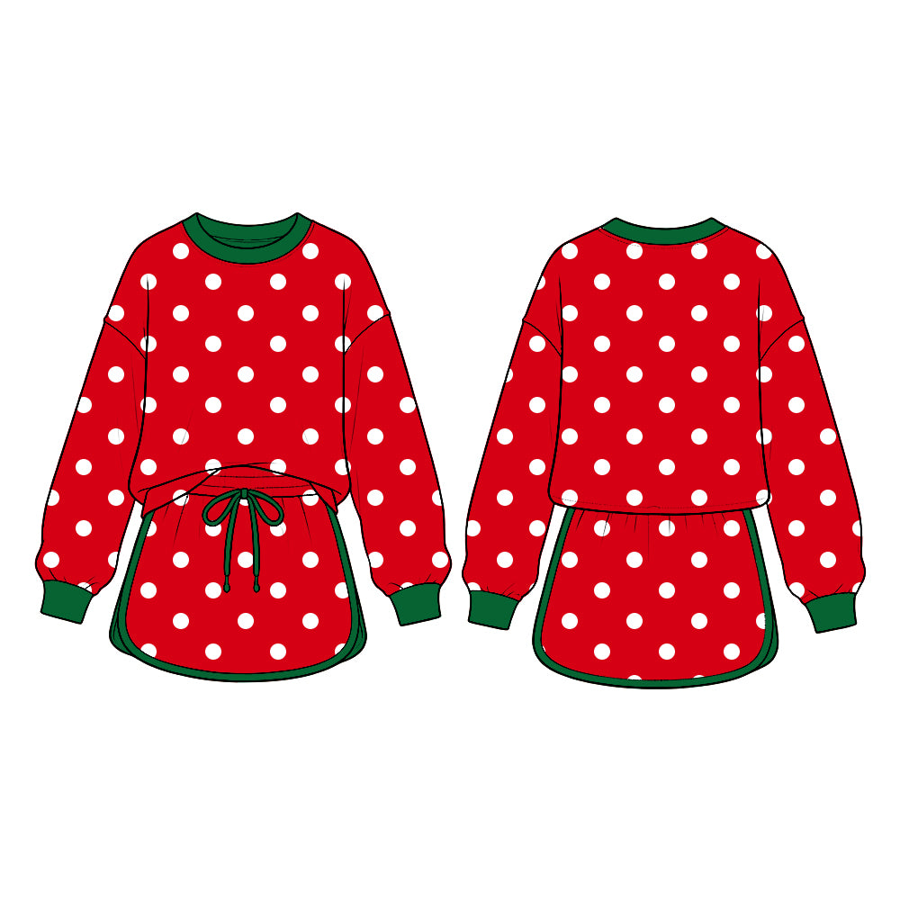 Long sleeves red polka dots girls Christmas skirt set