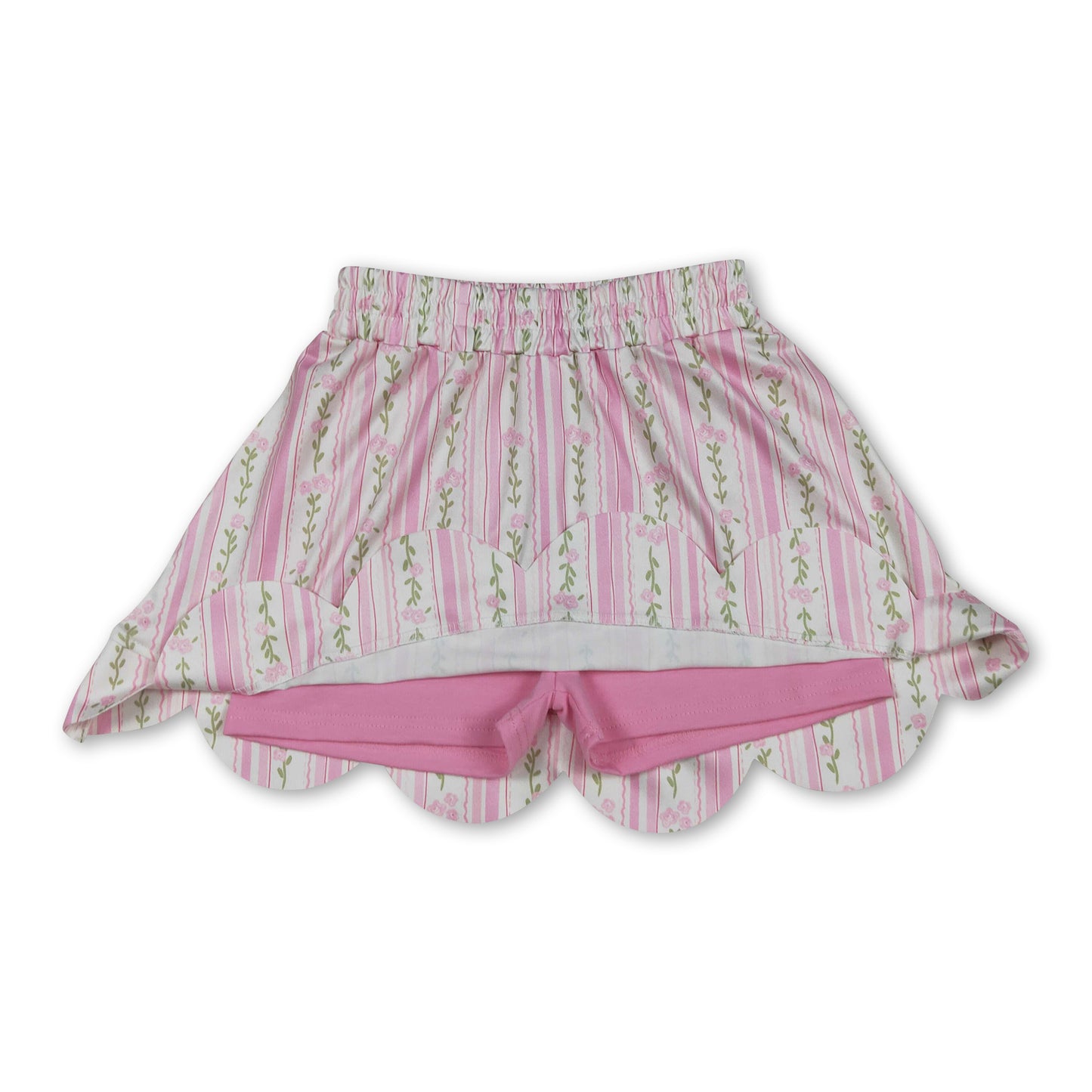 Pink floral elastic waist scallop kids girls skirts