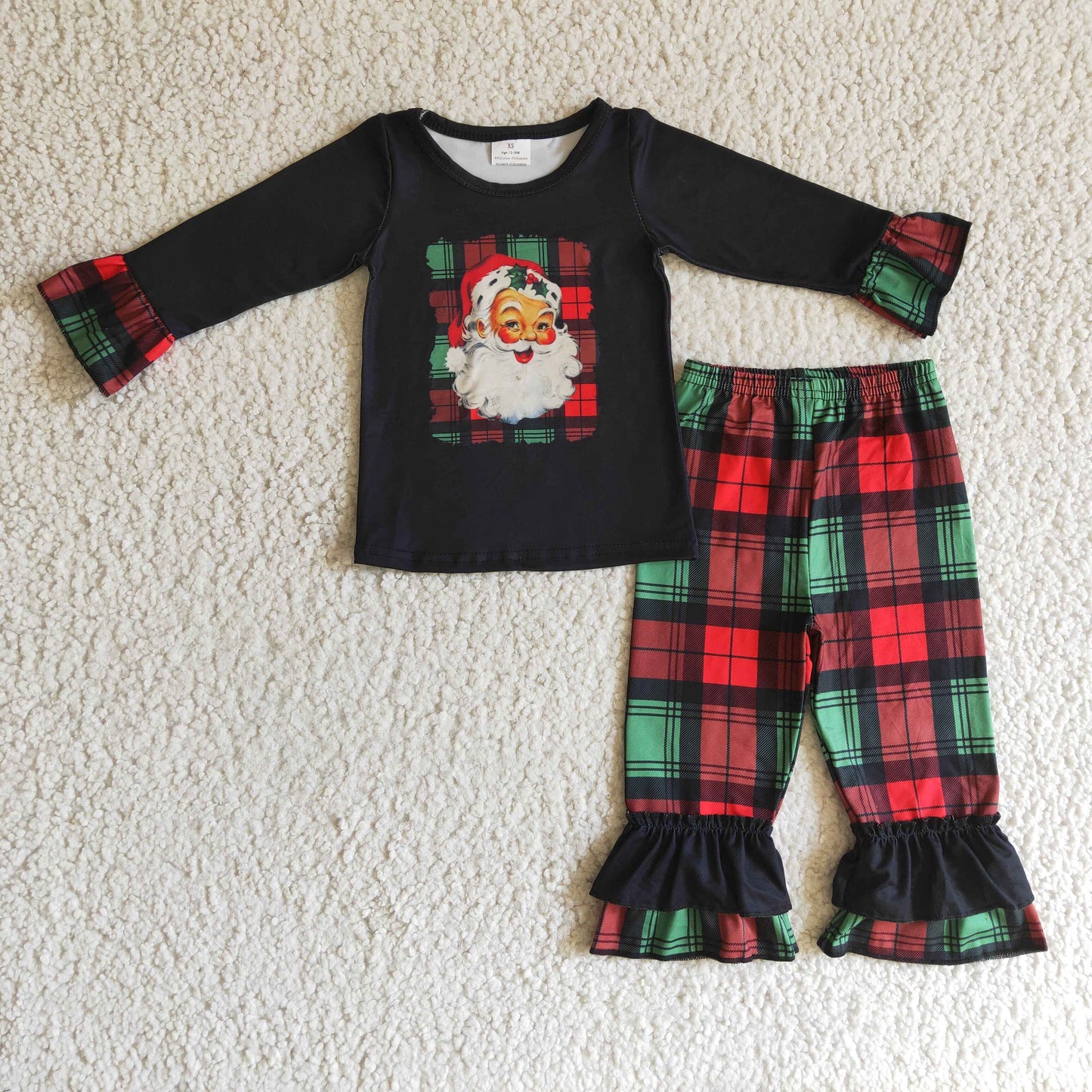 Plaid santa ruffle shirt ruffle pants kids girls Christmas outfits