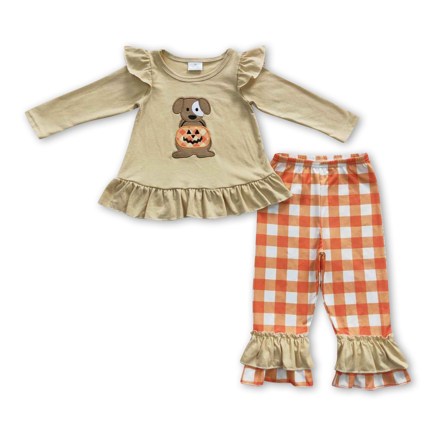 Dog pumpkin shirt plaid pants girls Halloween clothes