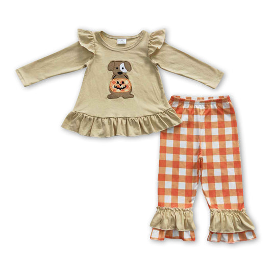 Dog pumpkin shirt plaid pants girls Halloween clothes