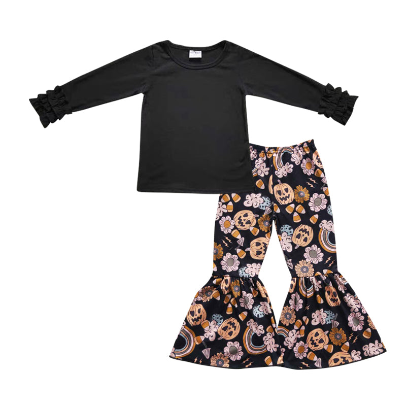 Black top pumpkin floral pants girls Halloween clothes