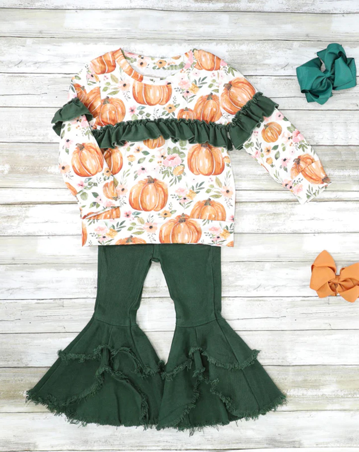 Long sleeves pumpkin top green jeans girls fall clothing