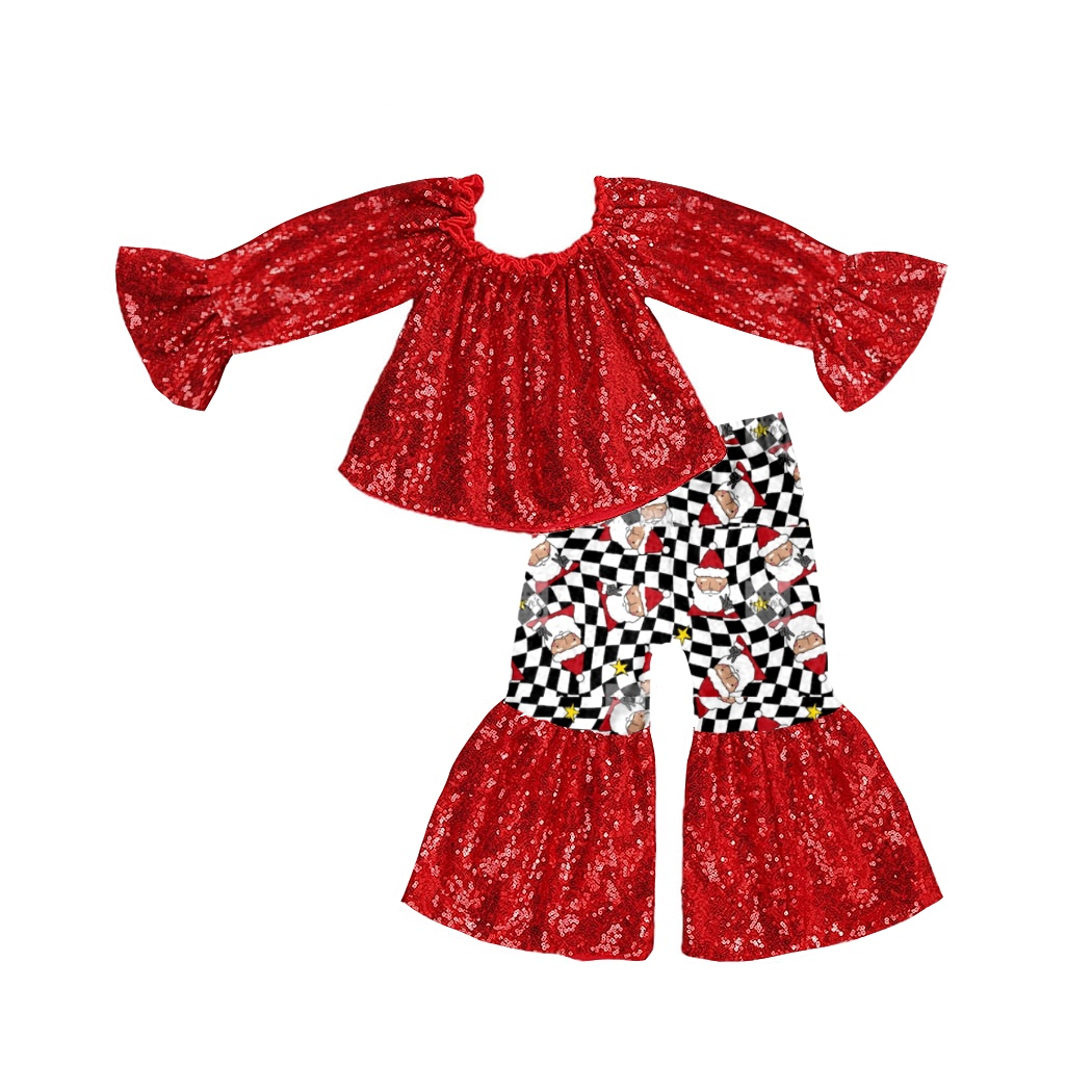Red sequin santa plaid pants girls Christmas clothing