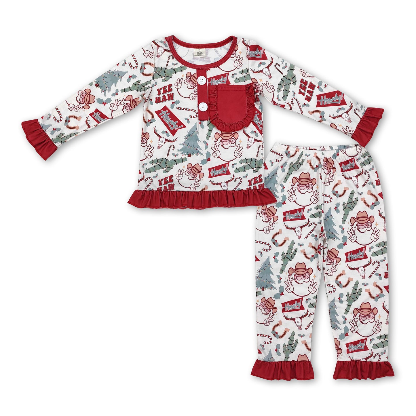 Long sleeves santa cactus western girls Christmas pajamas