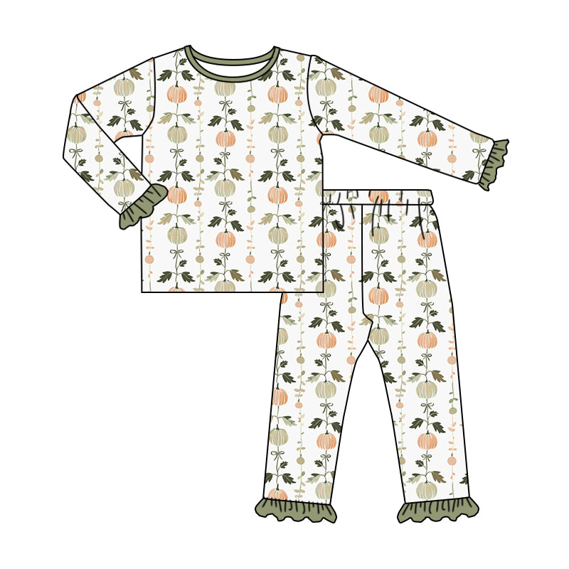 Green bow pumpkin ruffle kids girls fall pajamas