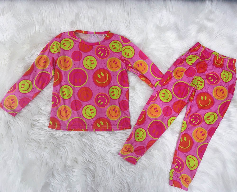 Hot pink smile long sleeves kids girls pajamas