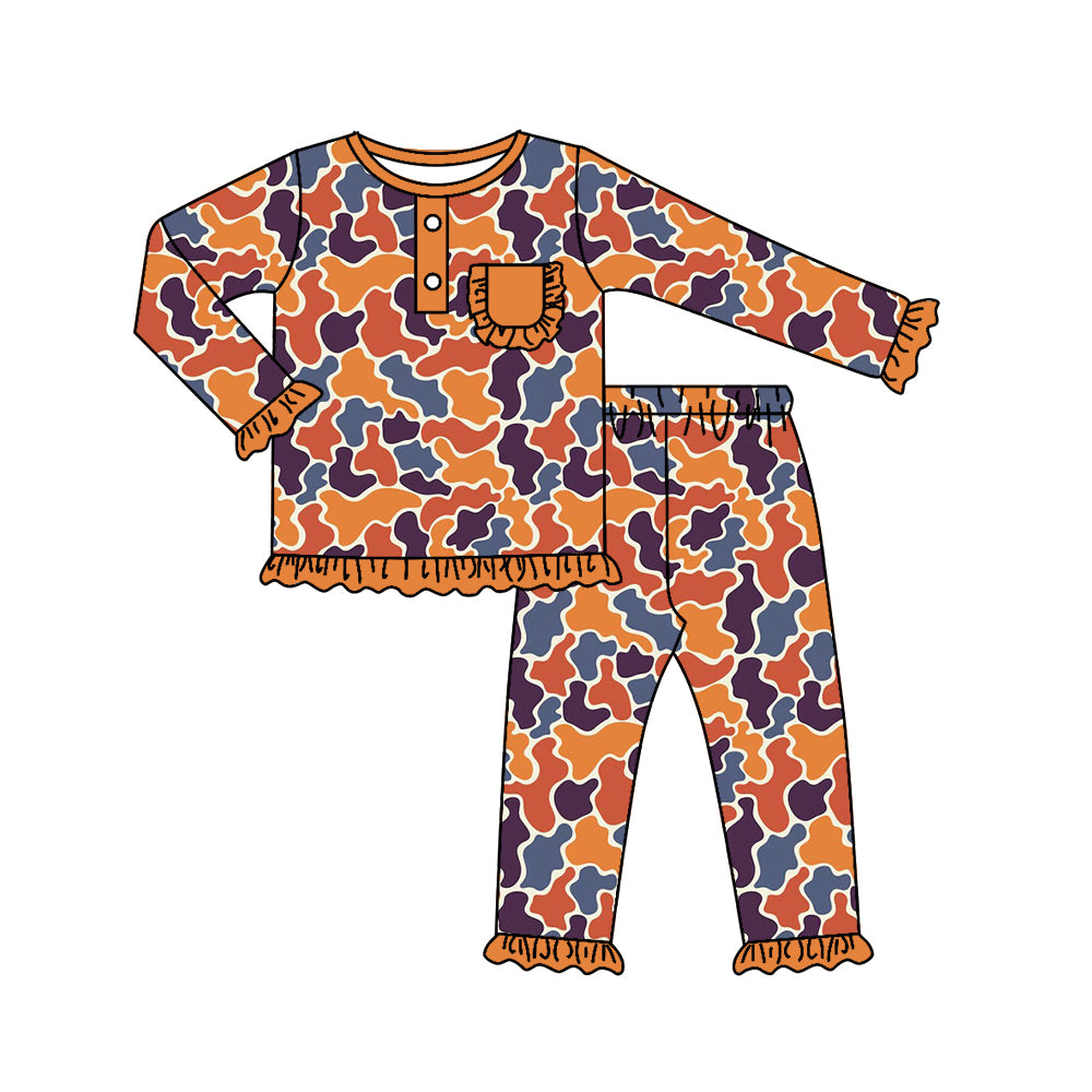 Orange pocket ruffle camo kids girls pajamas