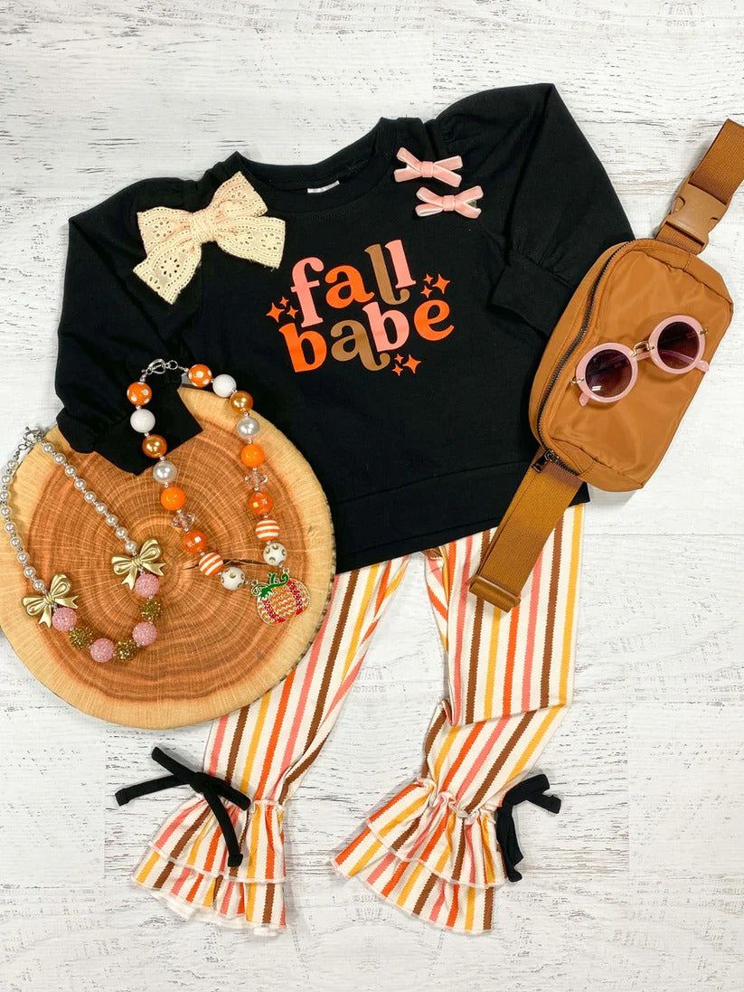 Fall babe black top stripe ruffle pants girls clothing set