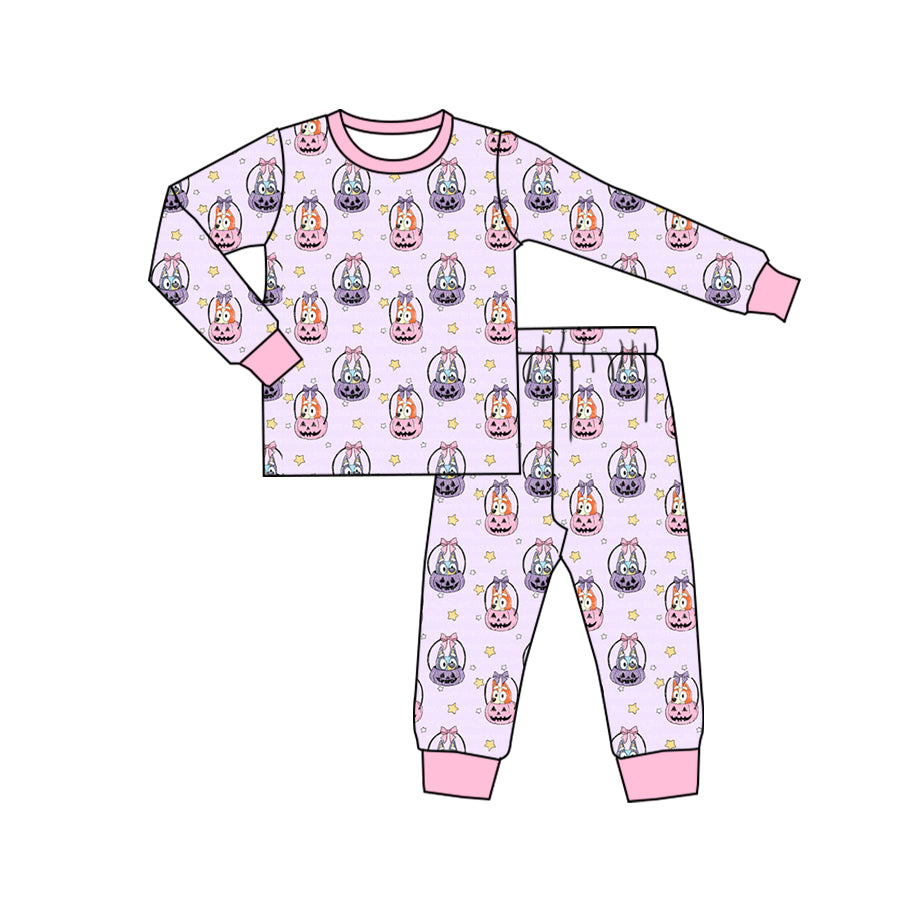 Pink pumpkin dog pockets top pants girls Halloween pajamas