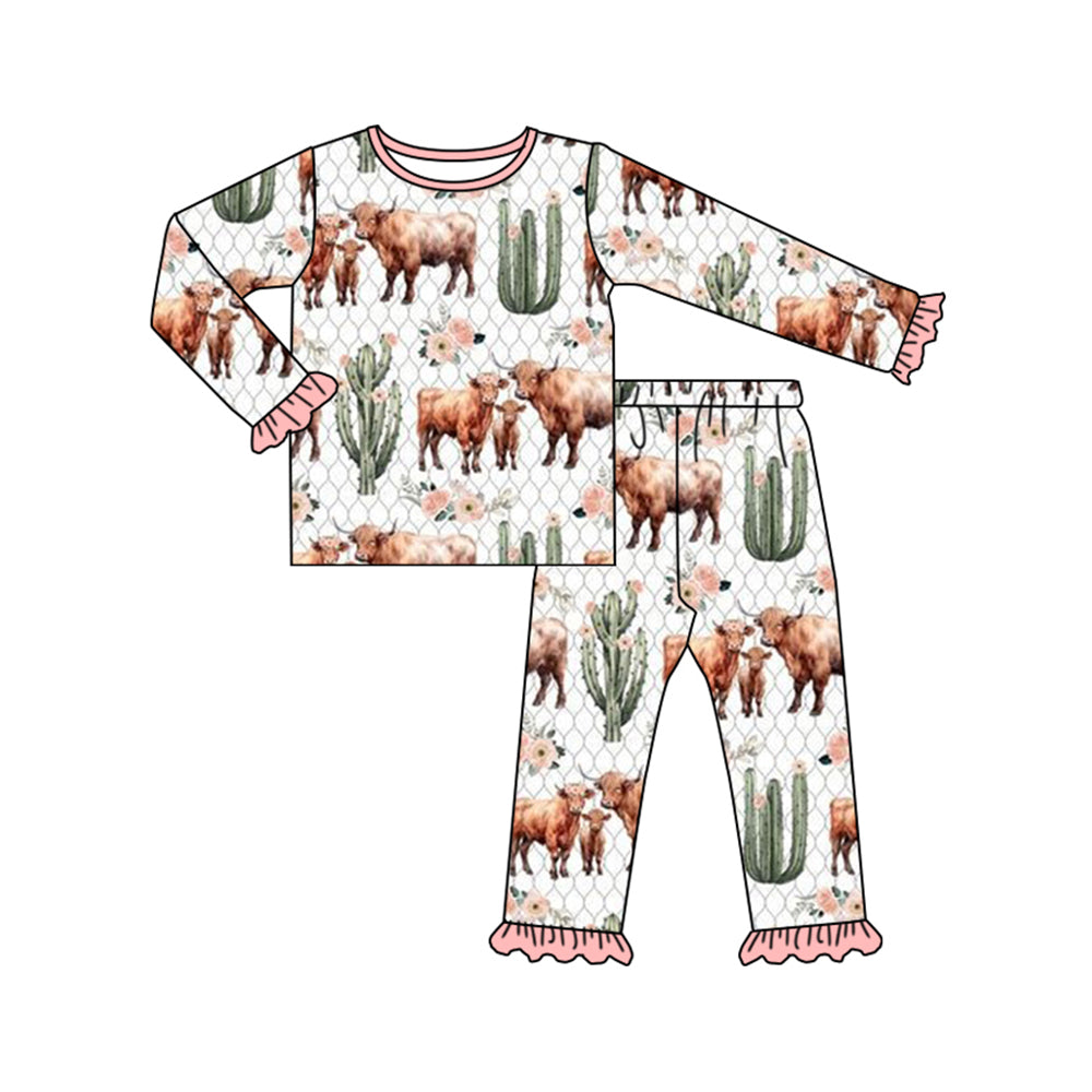 Long sleeves cactus highland cow kids girls pajamas