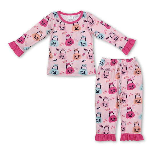 Pink pumpkin basket candy kids girls Halloween pajamas
