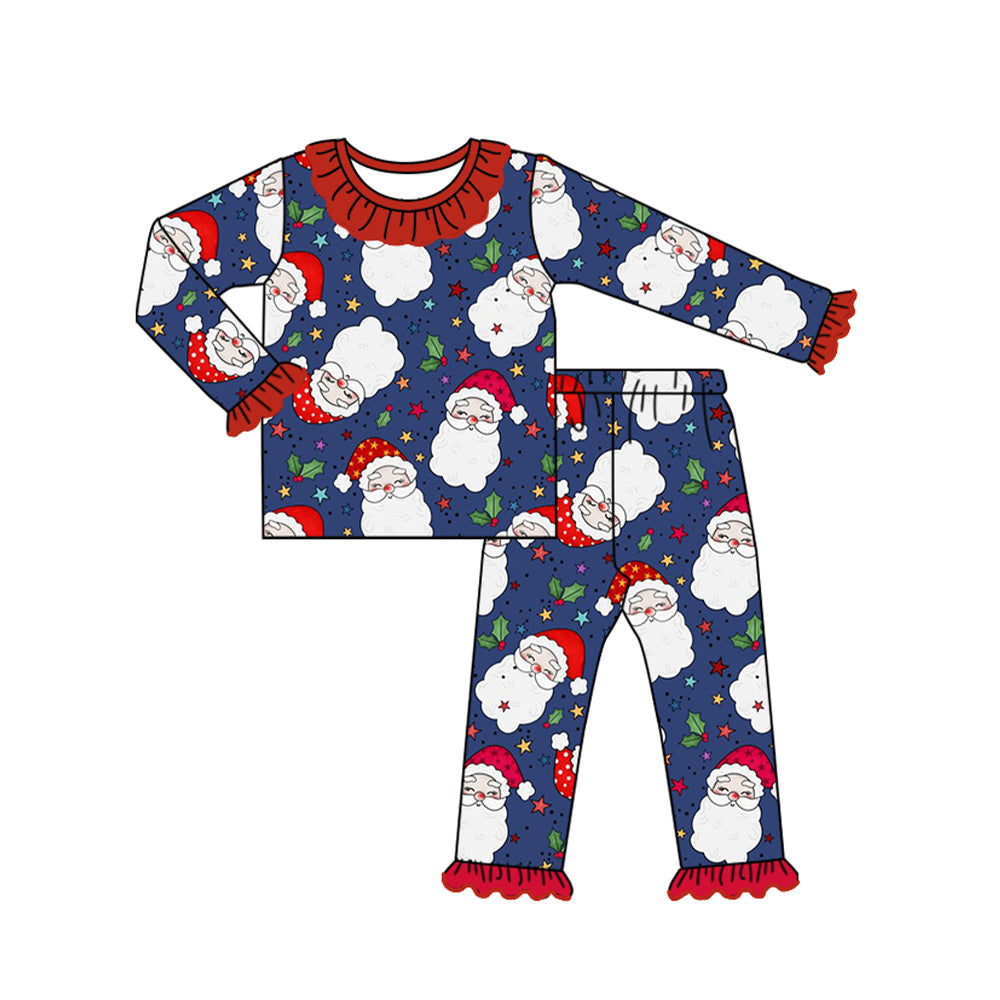 Long sleeves ruffle blue santa kids girls Christmas pajamas