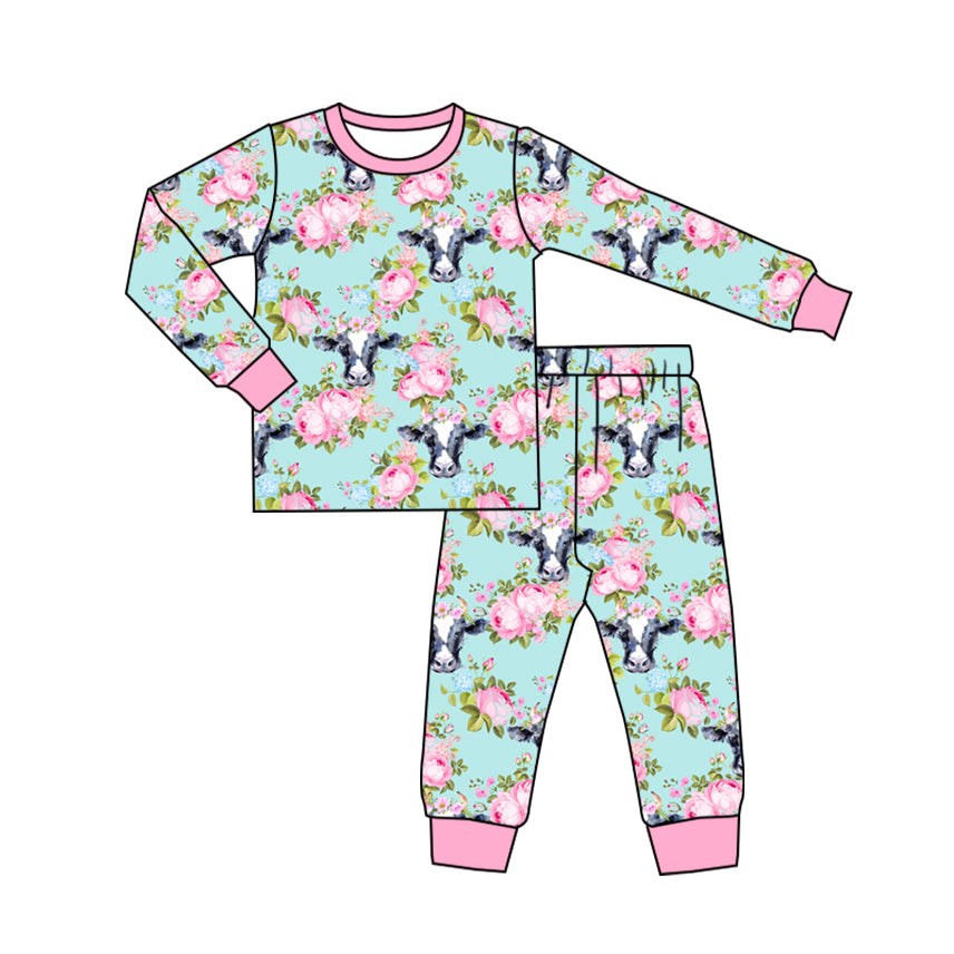 Pink long sleeves floral cows girls pajamas