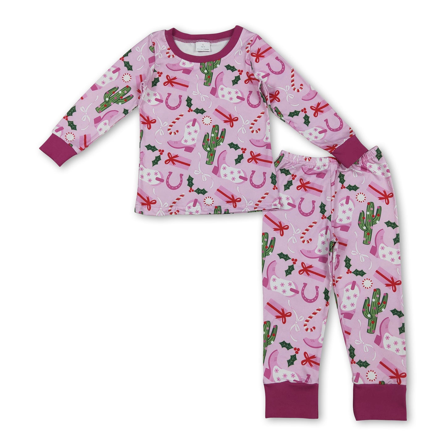 Pink boots cactus candy cane girls western Christmas pajamas