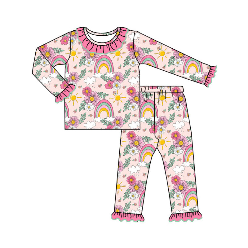 Pink ruffle rainbow floral kids girls pajamas