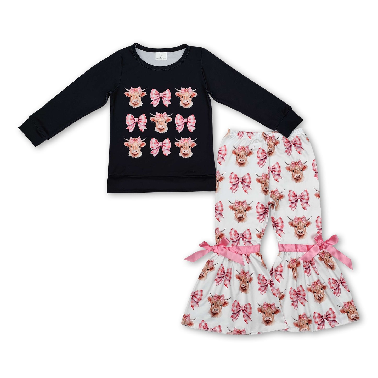 Black bow highland cow top pants western girls clothes