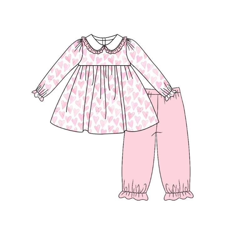 Pink bow long sleeves tunic pants girls valentine's outfits