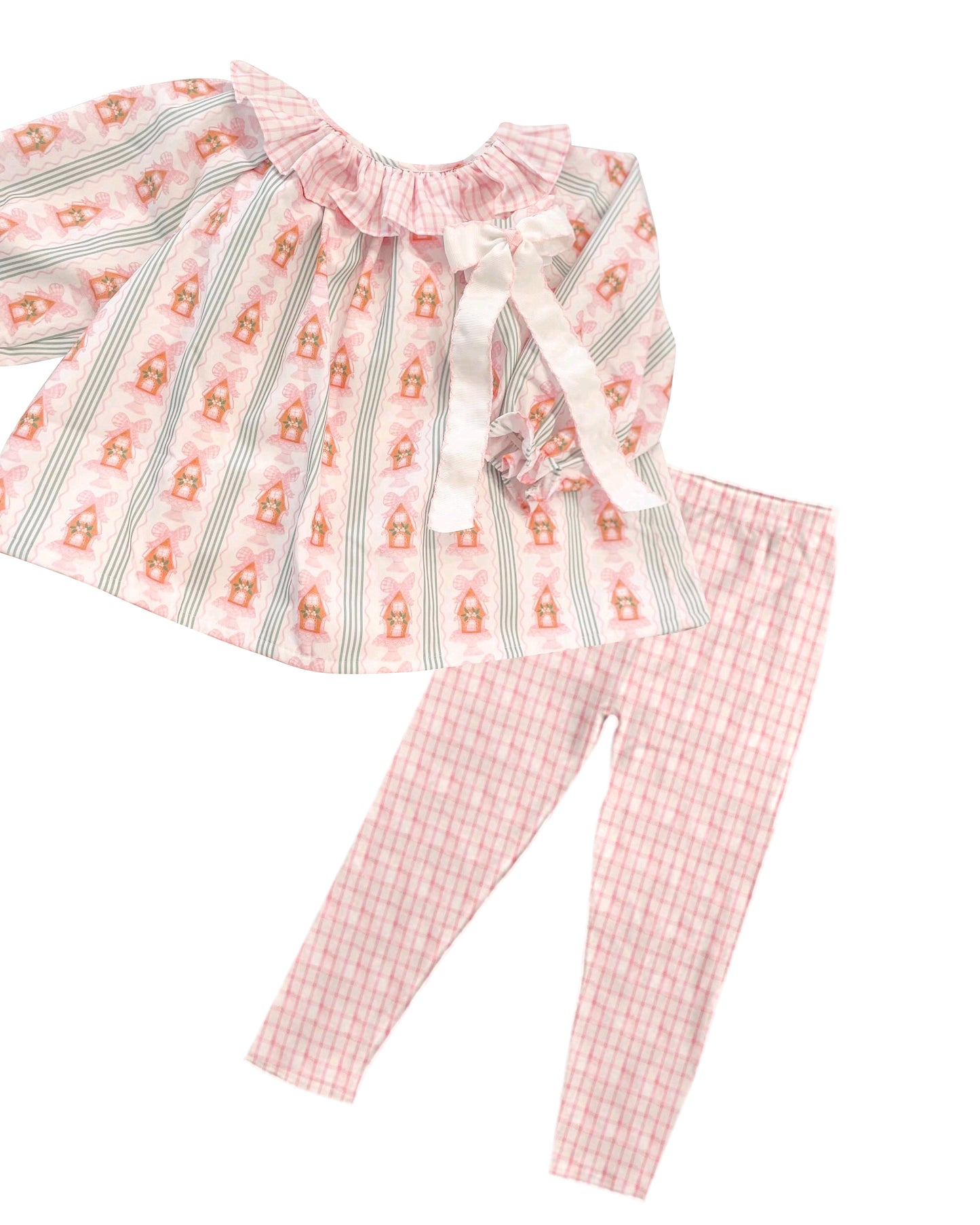 Pink bow house tunic plaid leggings girls clothing set