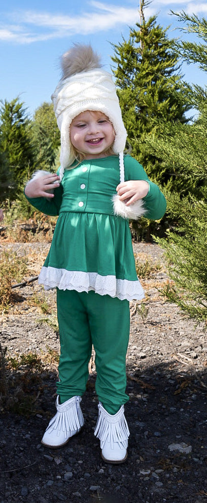 Green long sleeves ruffle tunic pants girls Christmas outfits